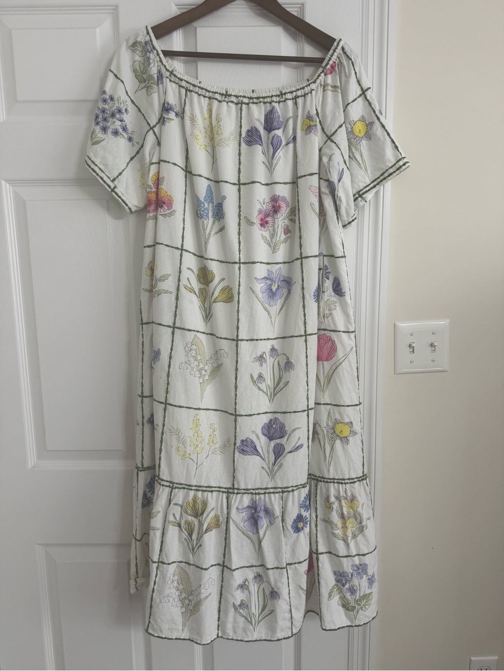 crown & ivy White Off-Shoulder Maxi Dress with Pastel Floral Grid